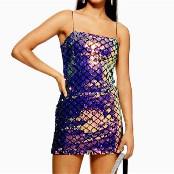 TOPSHOP Diamond Sequin Mini Party Slip Dress 6 - Picture 1 of 6